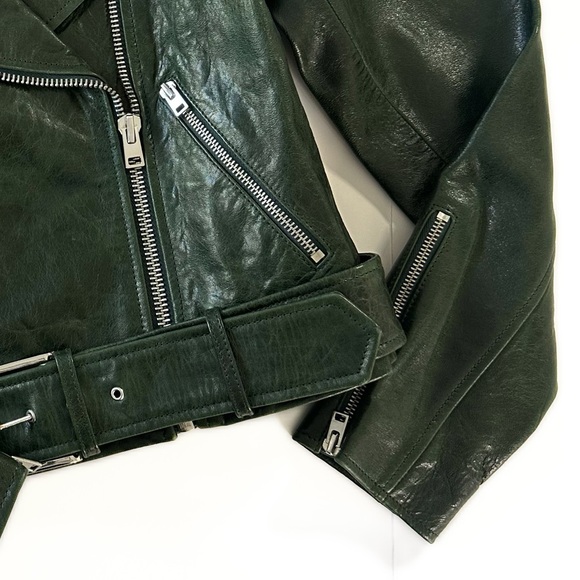 J.Crew Collection Green Crackled Leather Cropped Moto Jacket Womens Size 2 - Picture 4 of 9